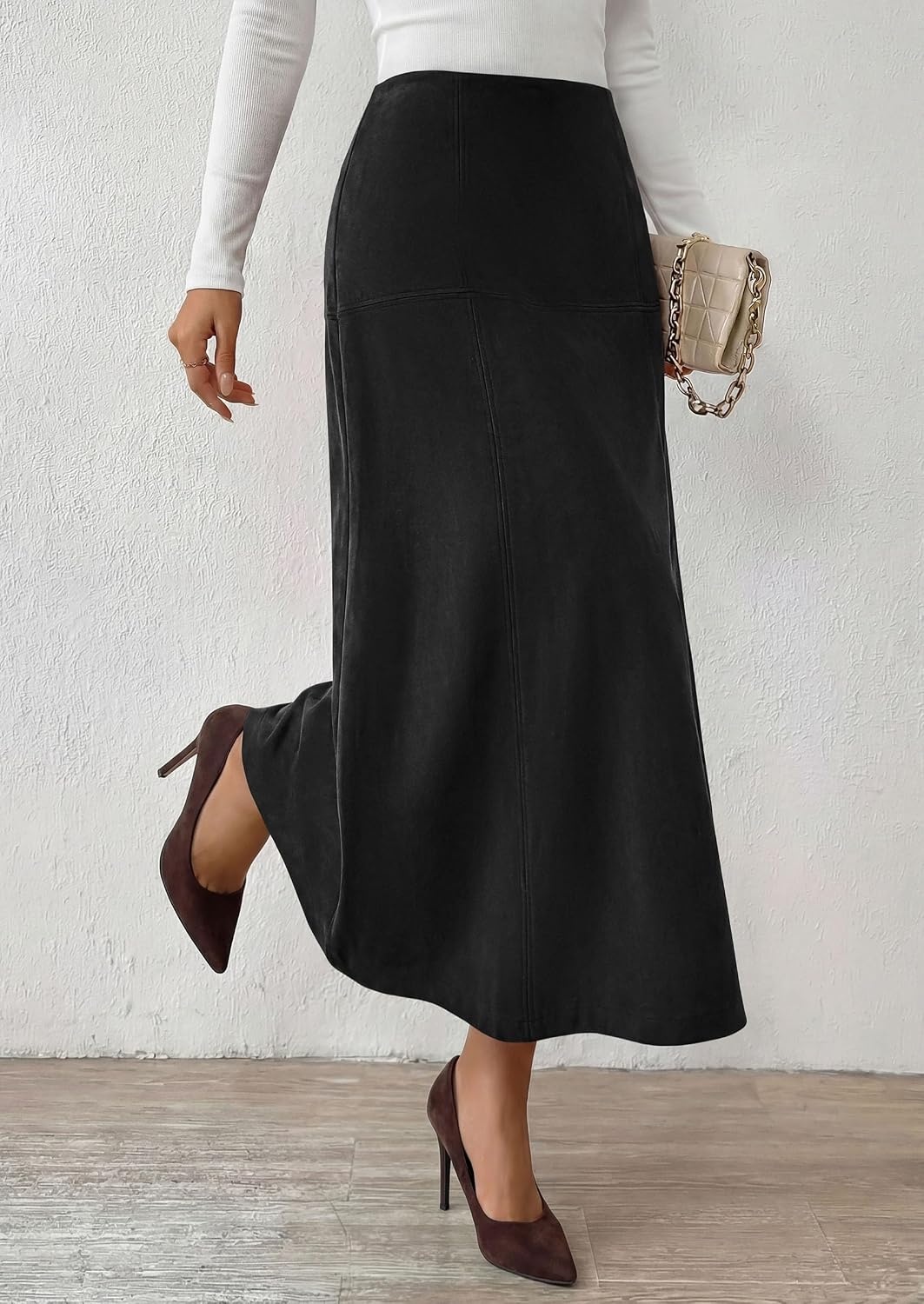 image:imagePRETTYGARDEN Womens High Waist Faux Suede A Line Midi SkirtBlack