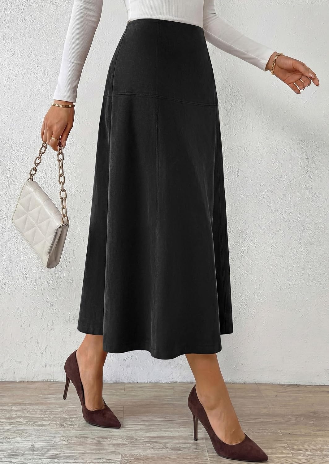 image:imagePRETTYGARDEN Womens High Waist Faux Suede A Line Midi SkirtBlack