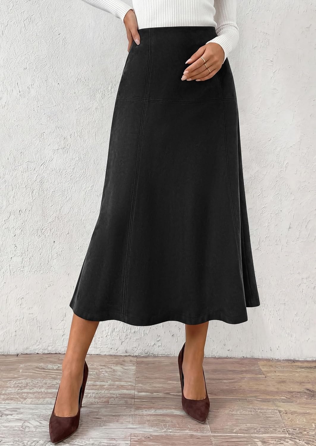 image:imagePRETTYGARDEN Womens High Waist Faux Suede A Line Midi SkirtBlack