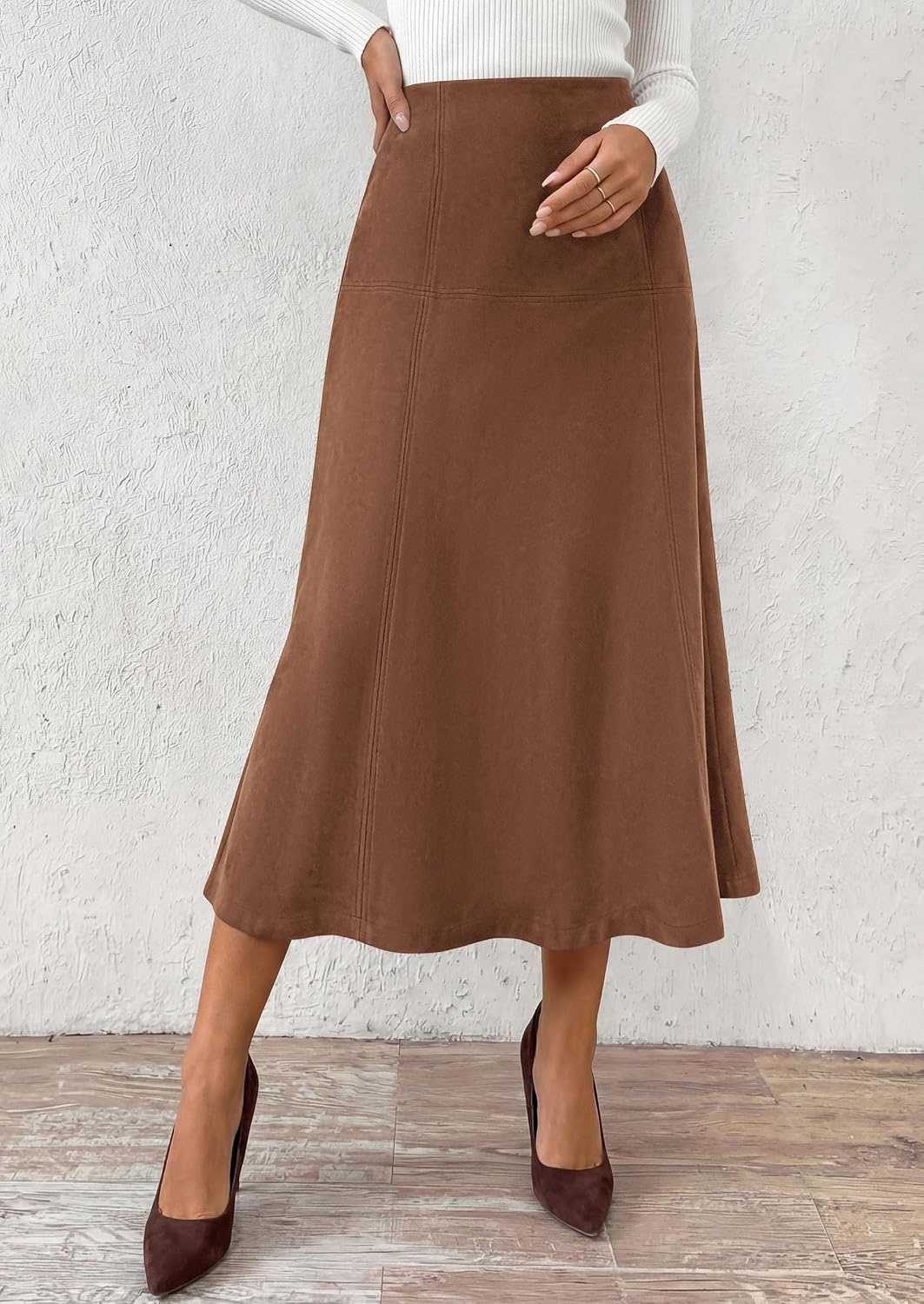 image:imagePRETTYGARDEN Womens High Waist Faux Suede A Line Midi SkirtBrown