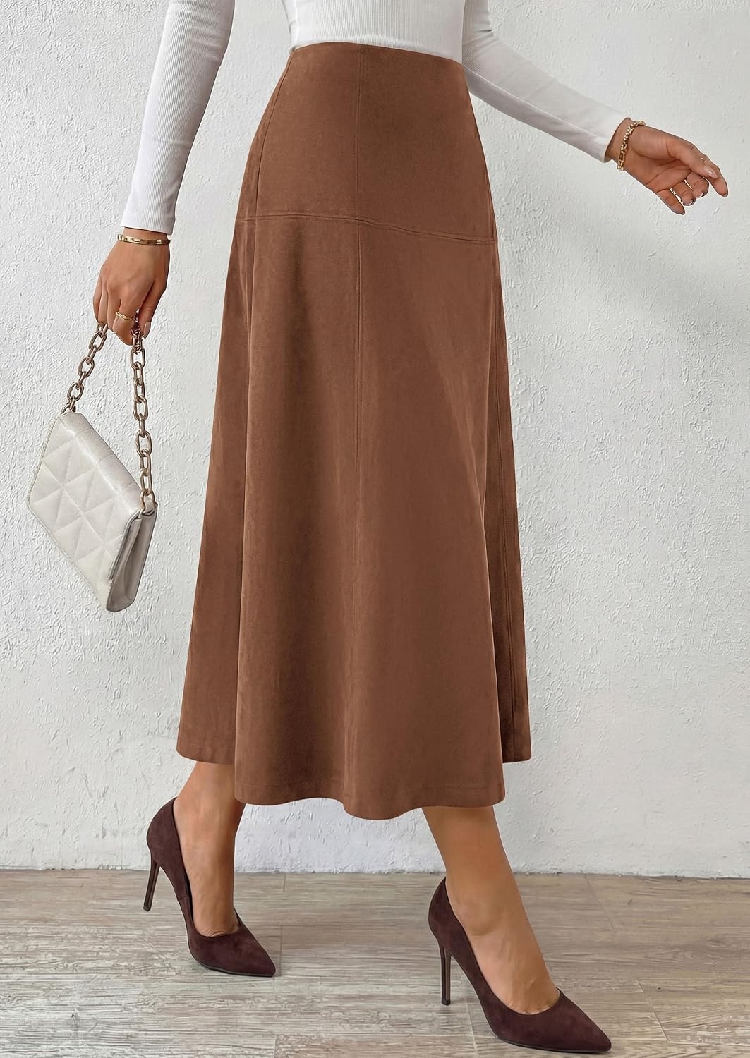 image:imagePRETTYGARDEN Womens High Waist Faux Suede A Line Midi SkirtBrown
