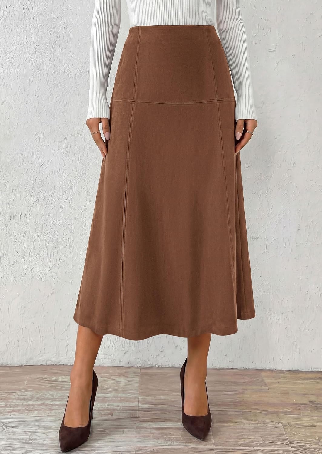 image:imagePRETTYGARDEN Womens High Waist Faux Suede A Line Midi SkirtBrown
