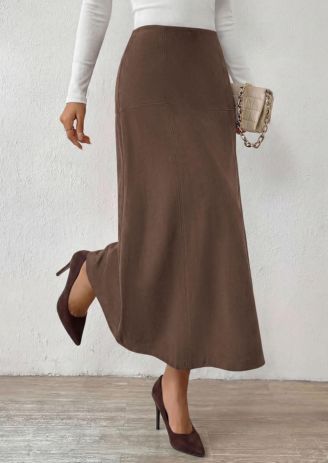 image:imagePRETTYGARDEN Womens High Waist Faux Suede A Line Midi SkirtDark Brown