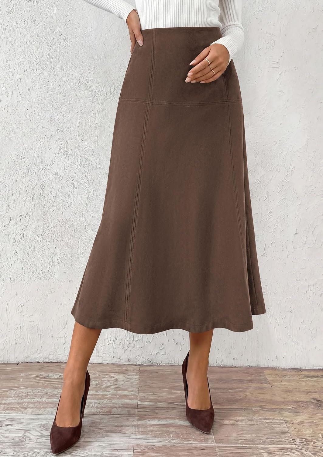 image:imagePRETTYGARDEN Womens High Waist Faux Suede A Line Midi SkirtDark Brown