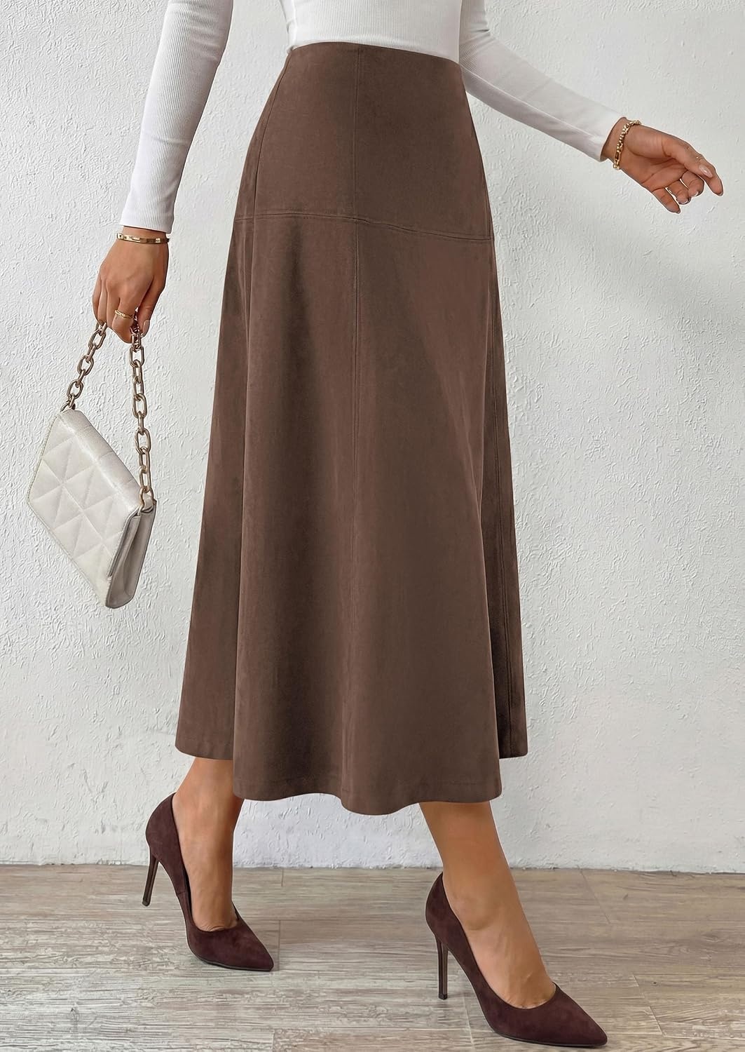 image:imagePRETTYGARDEN Womens High Waist Faux Suede A Line Midi SkirtDark Brown