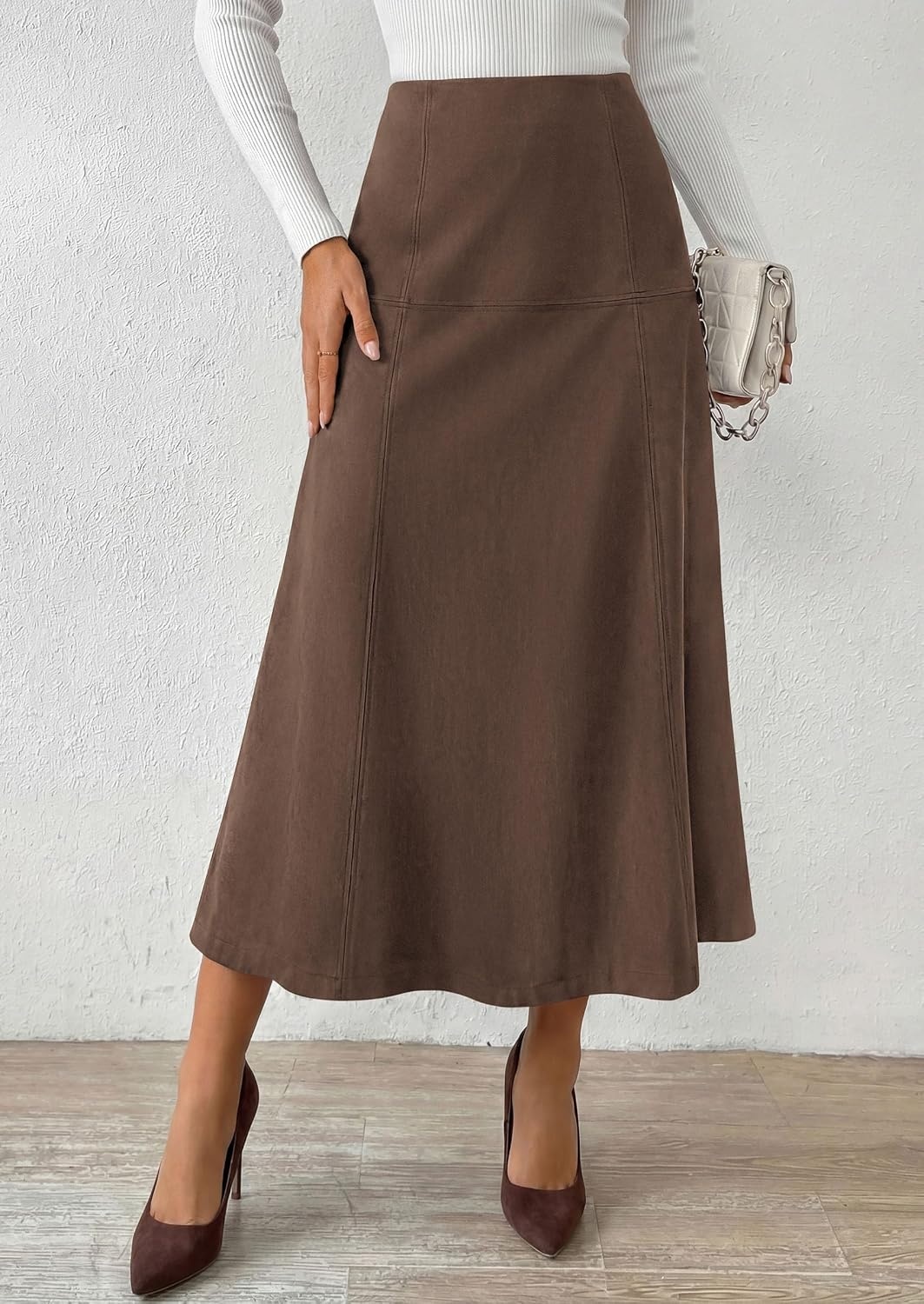 image:imagePRETTYGARDEN Womens High Waist Faux Suede A Line Midi SkirtDark Brown