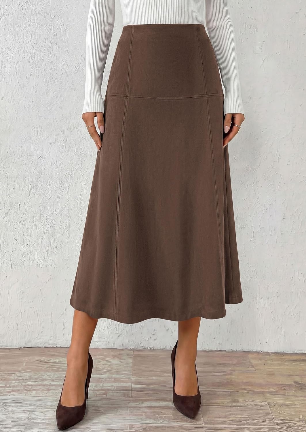 image:imagePRETTYGARDEN Womens High Waist Faux Suede A Line Midi SkirtDark Brown