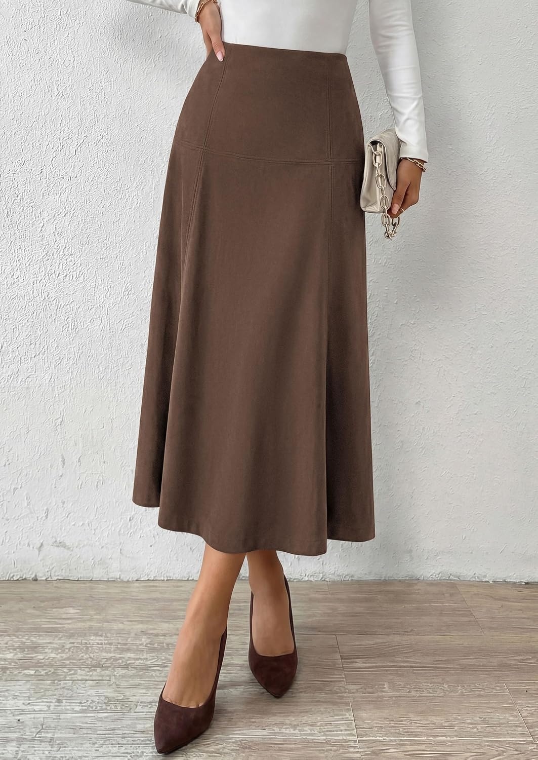 image:imagePRETTYGARDEN Womens High Waist Faux Suede A Line Midi SkirtDark Brown