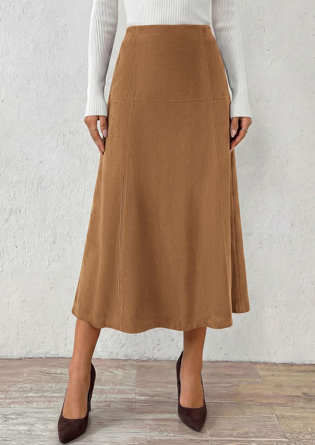 image:imagePRETTYGARDEN Womens High Waist Faux Suede A Line Midi SkirtKhaki