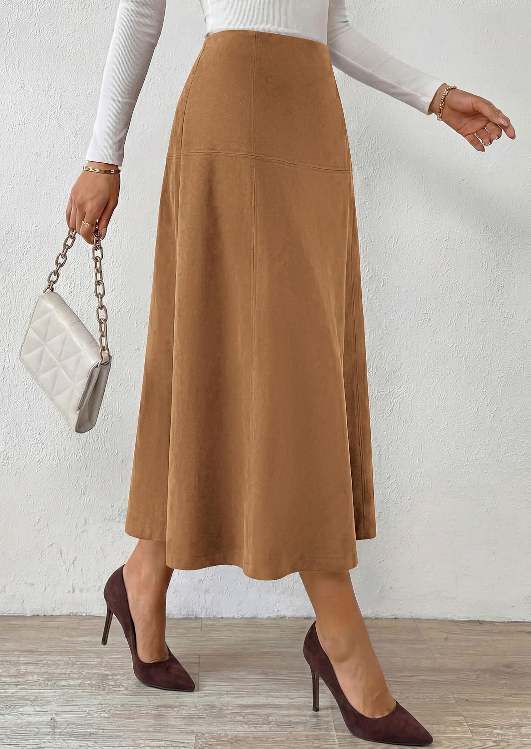 image:imagePRETTYGARDEN Womens High Waist Faux Suede A Line Midi SkirtKhaki