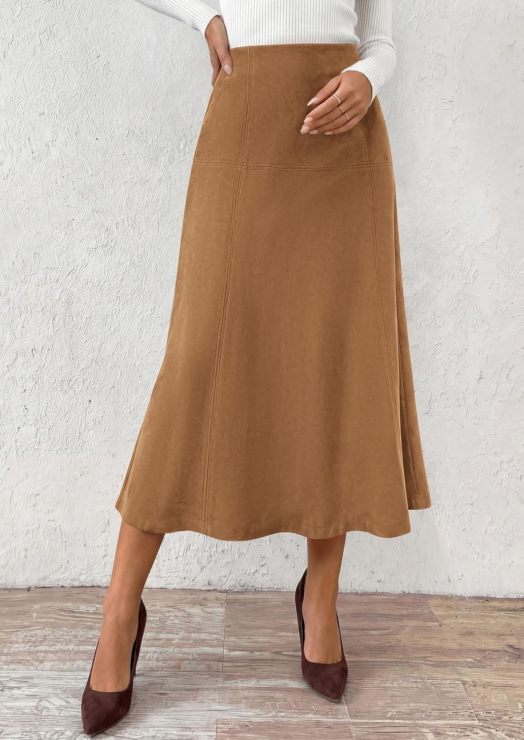 image:imagePRETTYGARDEN Womens High Waist Faux Suede A Line Midi SkirtKhaki