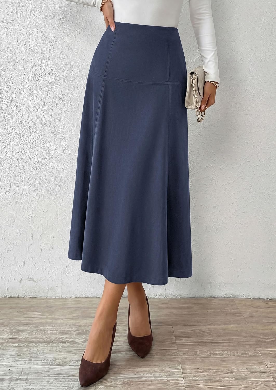 image:imagePRETTYGARDEN Womens High Waist Faux Suede A Line Midi SkirtNavy