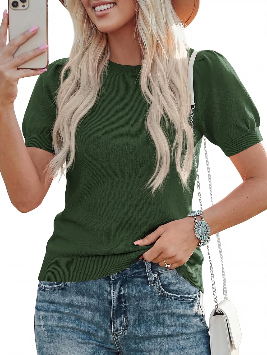 image:imagePRETTYGARDEN Womens Puff Short Sleeve Sweaters Summer 2026Army Green