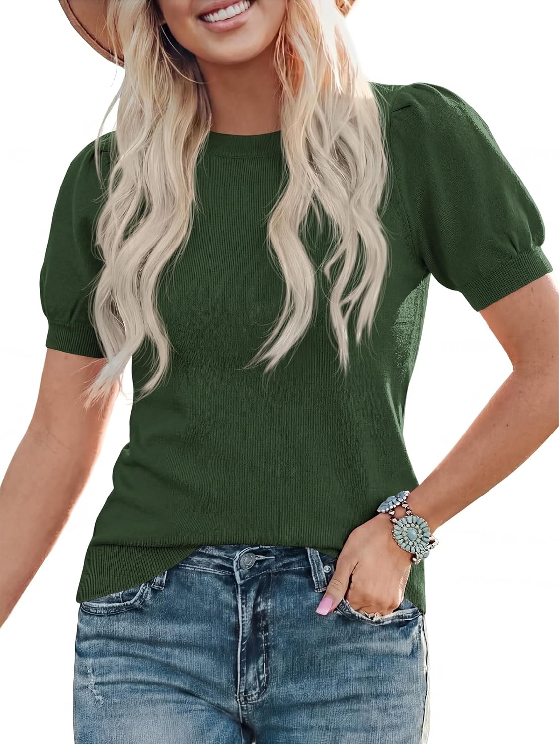 image:imagePRETTYGARDEN Womens Puff Short Sleeve Sweaters Summer 2026Army Green