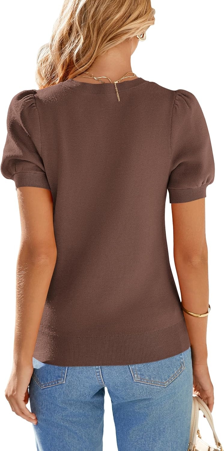 image:imagePRETTYGARDEN Womens Puff Short Sleeve Sweaters Summer 2026Coffee