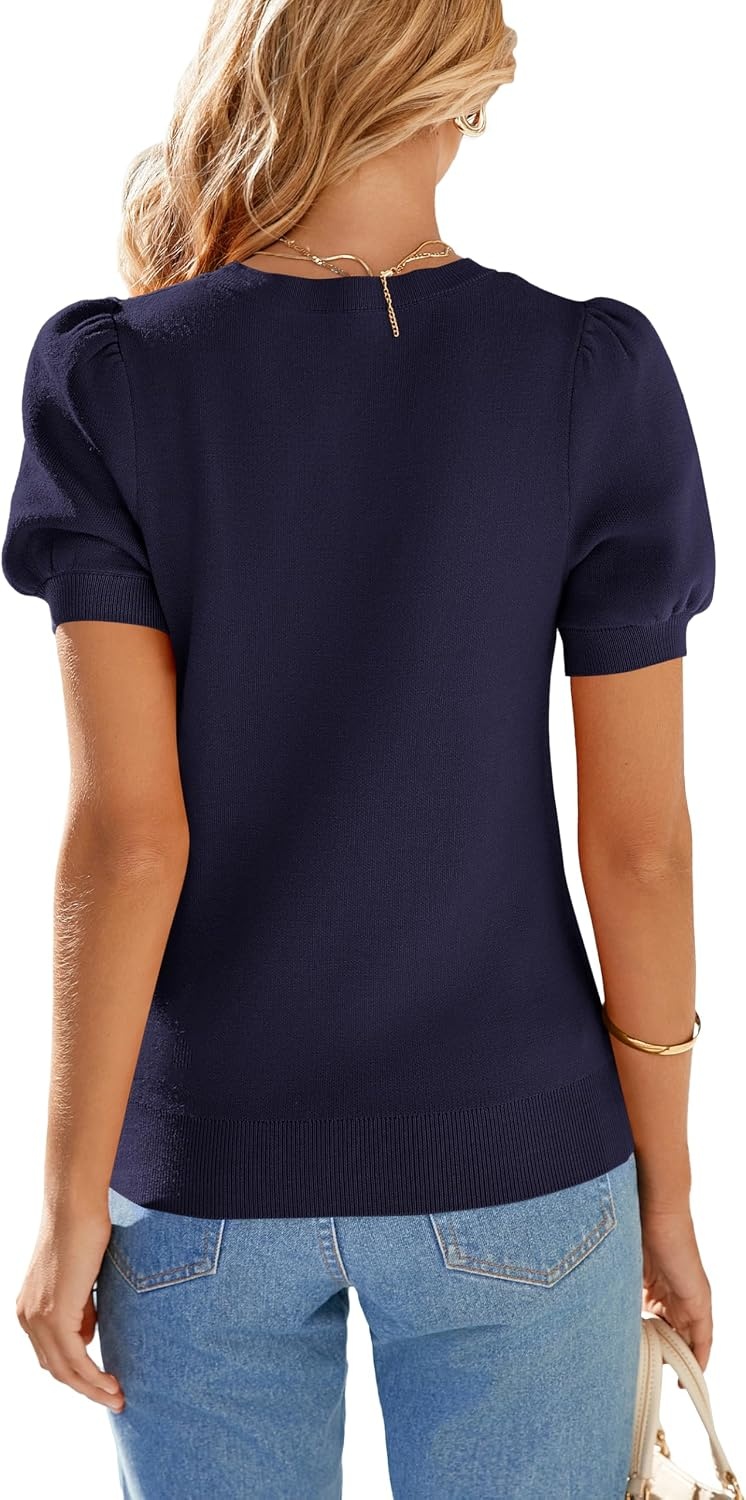 image:imagePRETTYGARDEN Womens Puff Short Sleeve Sweaters Summer 2026Dark Blue