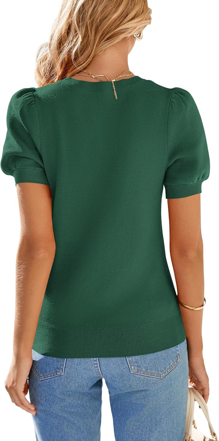 image:imagePRETTYGARDEN Womens Puff Short Sleeve Sweaters Summer 2026Dark Green