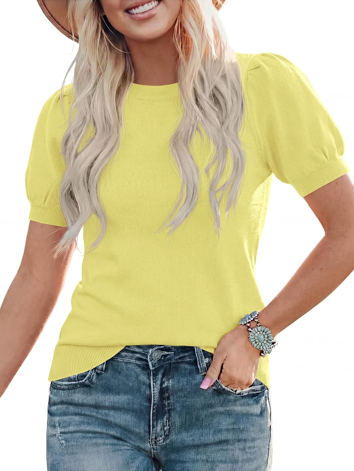 image:imagePRETTYGARDEN Womens Puff Short Sleeve Sweaters Summer 2026Light Yellow