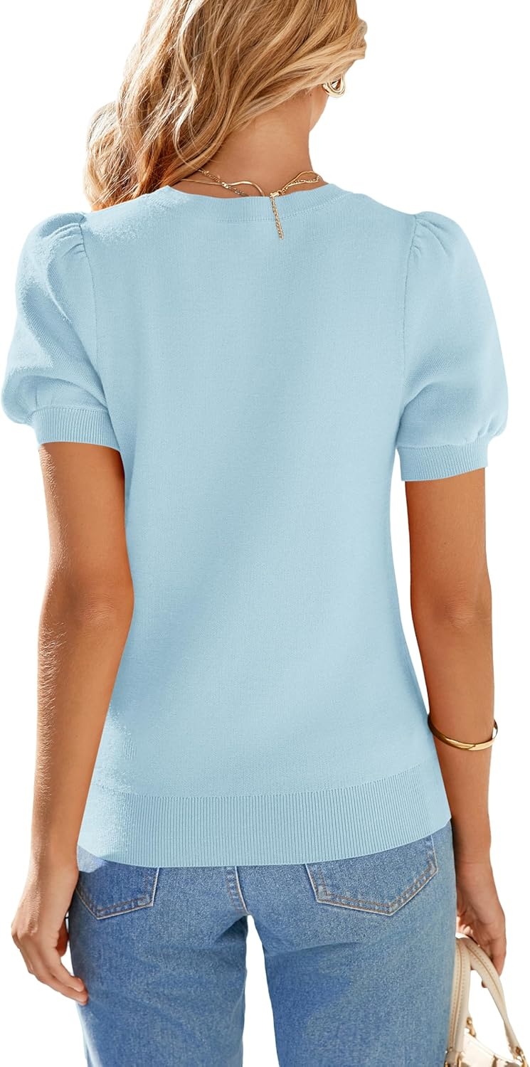 image:imagePRETTYGARDEN Womens Puff Short Sleeve Sweaters Summer 2026Sky Blue