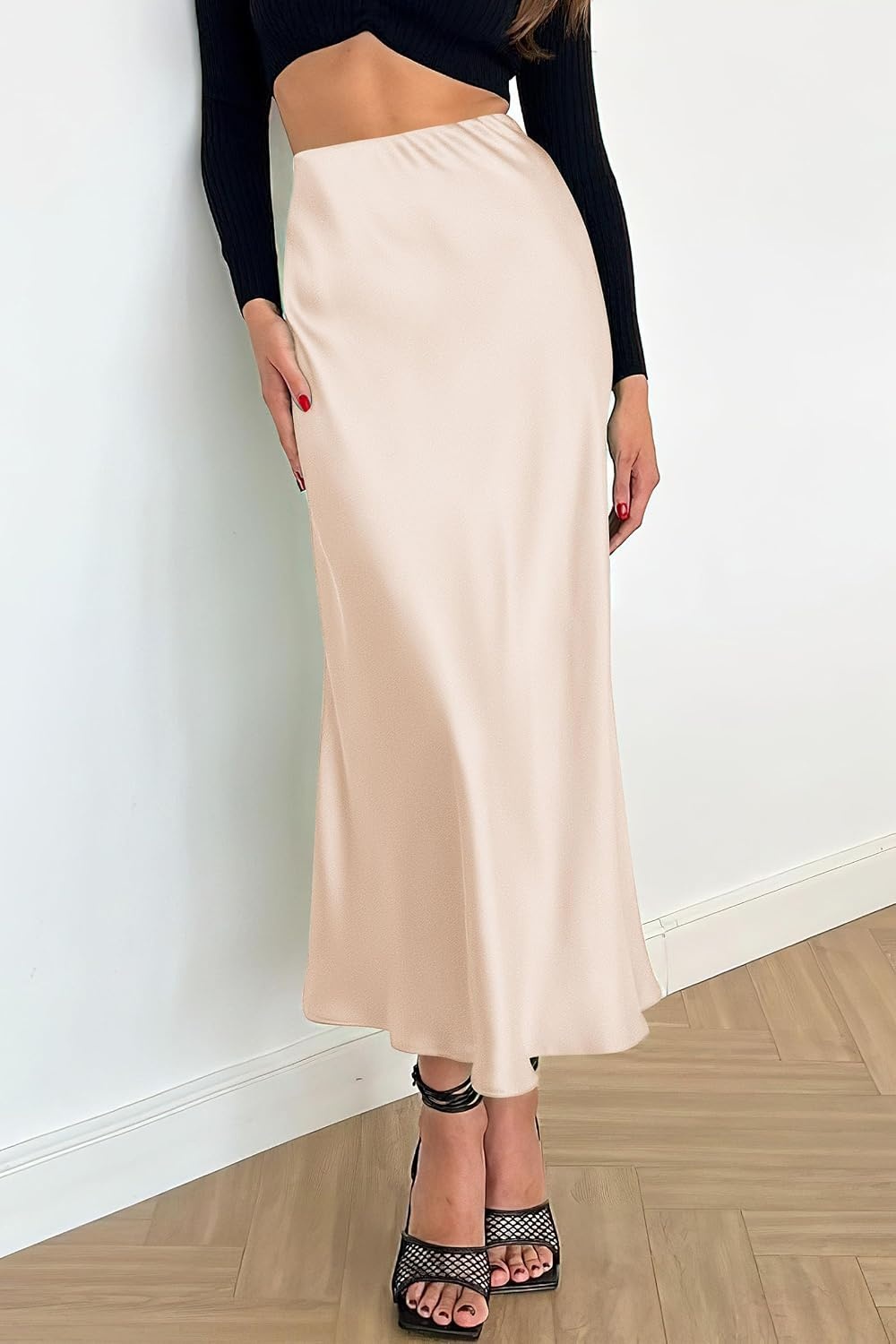 image:imagePRETTYGARDEN Womens Satin Midi Skirts Dressy CasualBeige