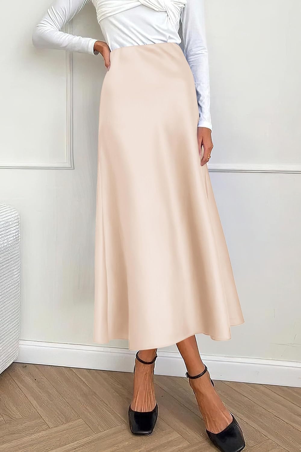 image:imagePRETTYGARDEN Womens Satin Midi Skirts Dressy CasualBeige