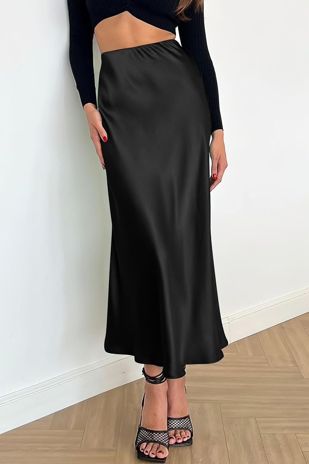 image:imagePRETTYGARDEN Womens Satin Midi Skirts Dressy CasualBlack