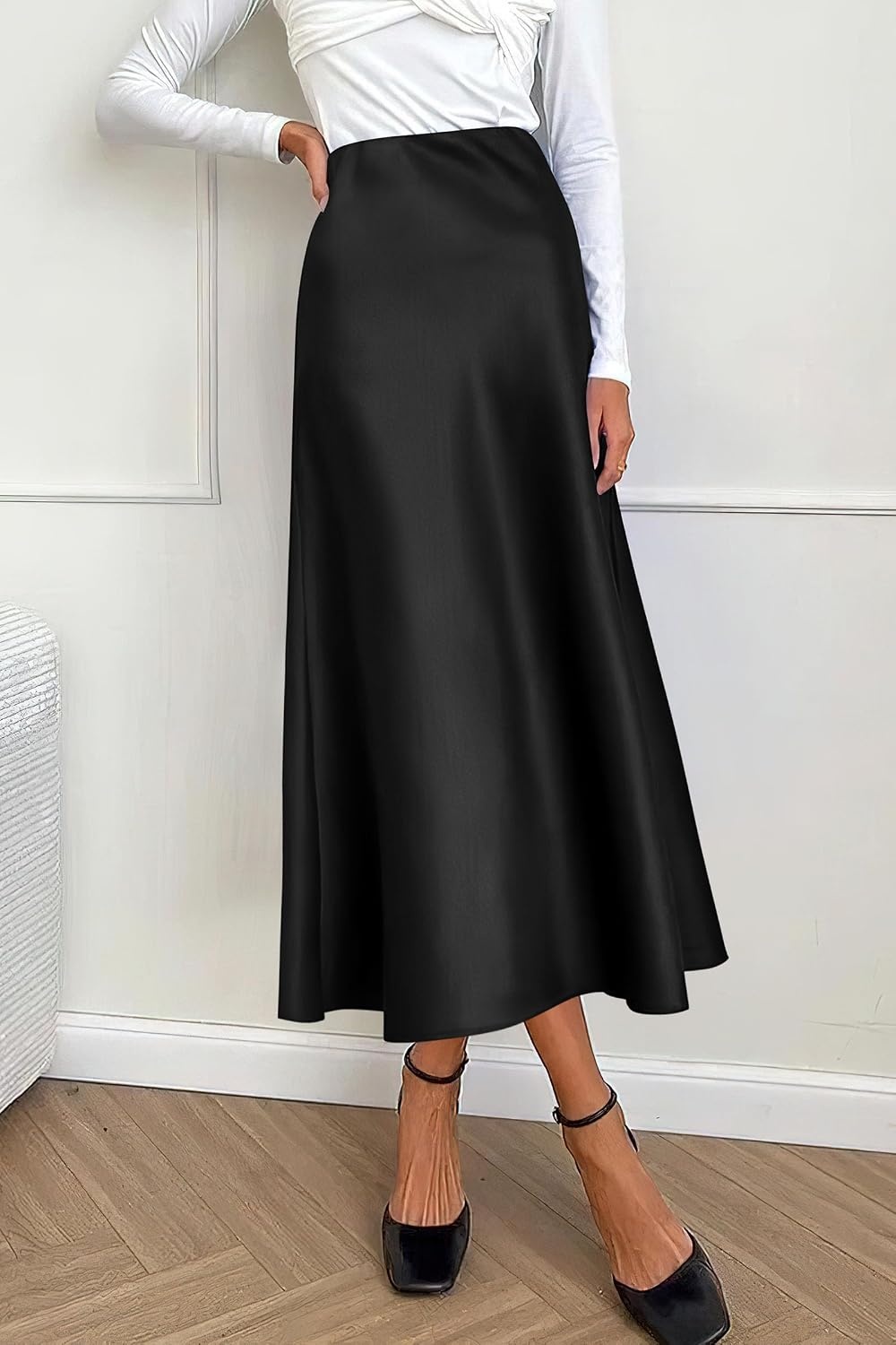 image:imagePRETTYGARDEN Womens Satin Midi Skirts Dressy CasualBlack