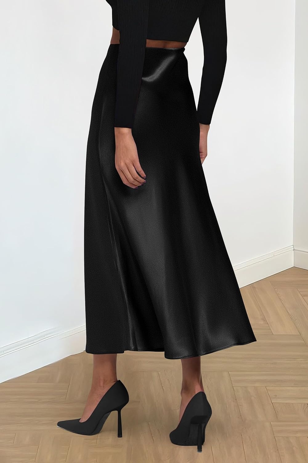 image:imagePRETTYGARDEN Womens Satin Midi Skirts Dressy CasualBlack