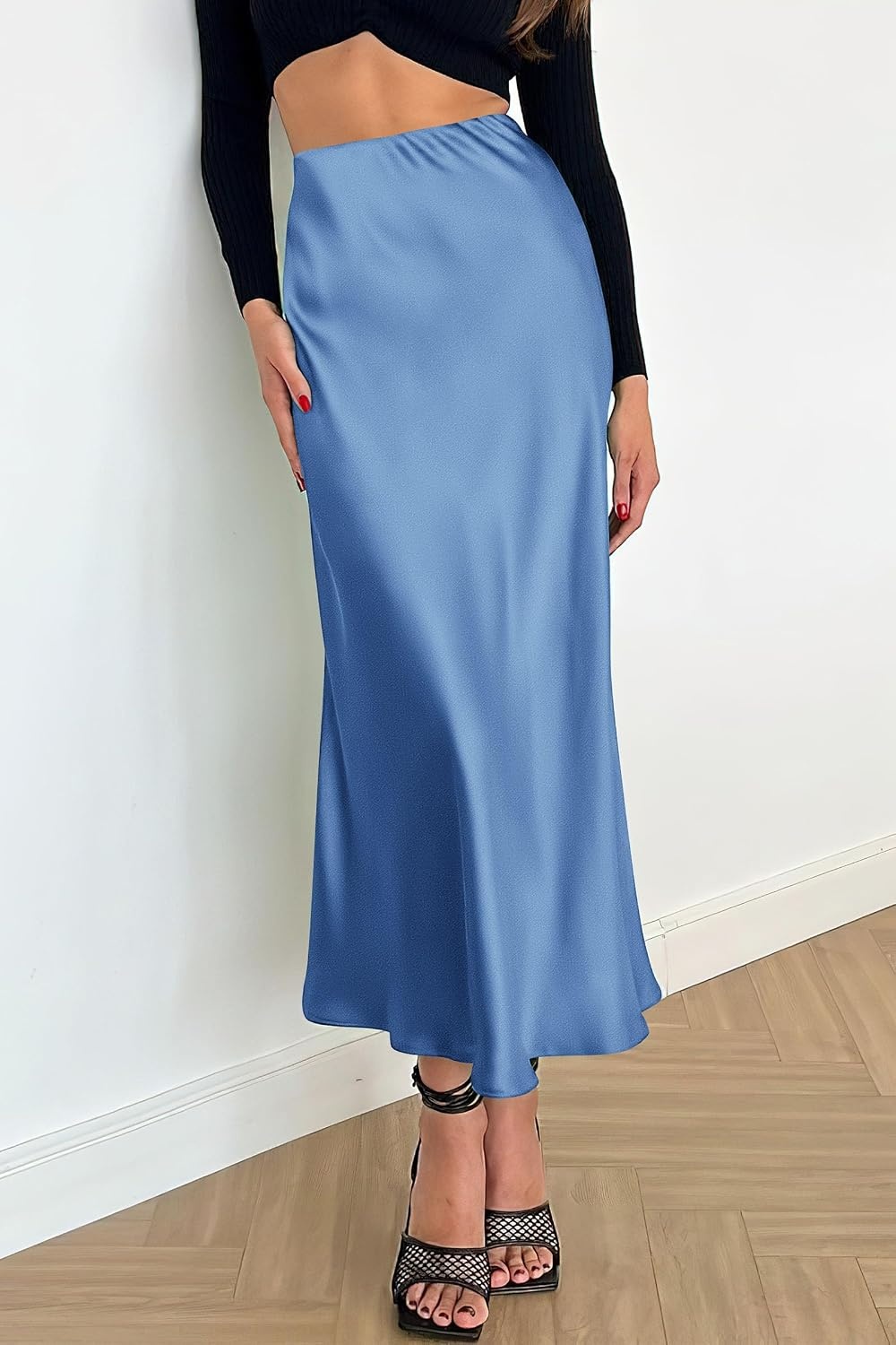 image:imagePRETTYGARDEN Womens Satin Midi Skirts Dressy CasualBlue