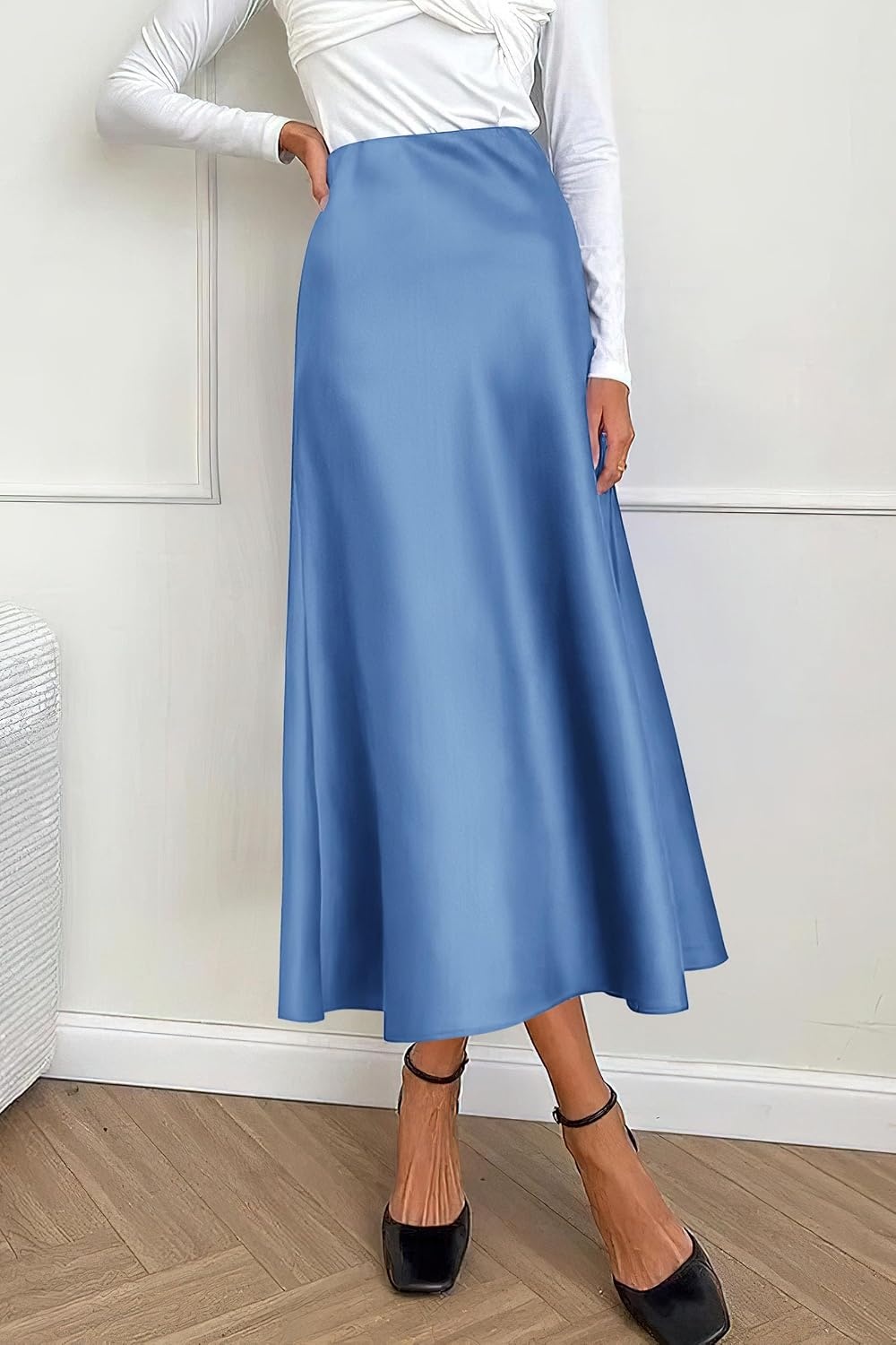 image:imagePRETTYGARDEN Womens Satin Midi Skirts Dressy CasualBlue