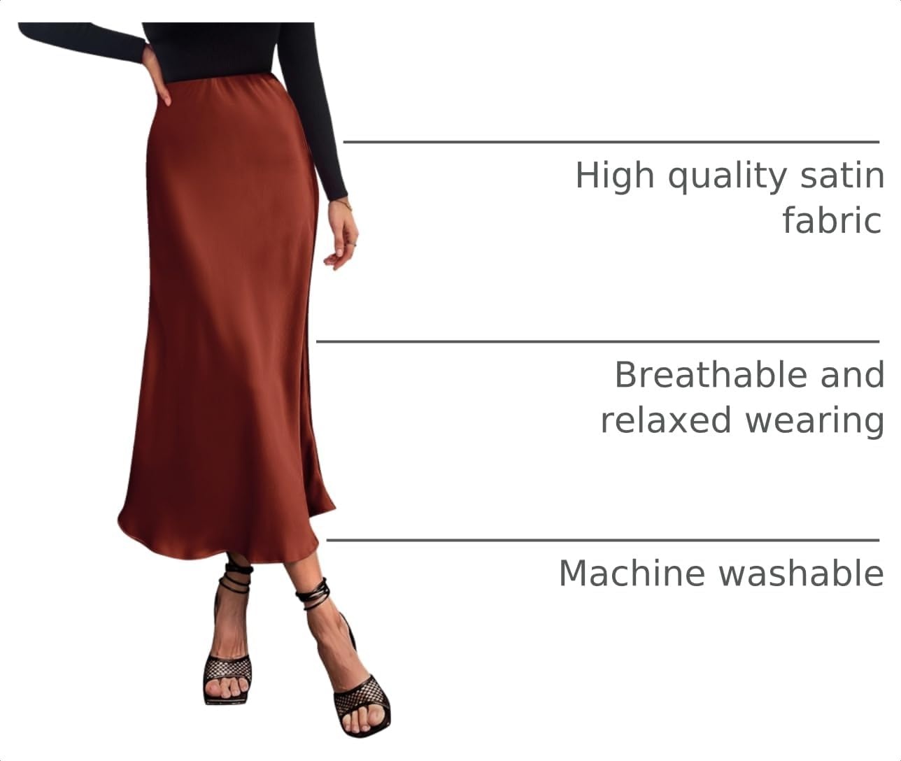 image:imagePRETTYGARDEN Womens Satin Midi Skirts Dressy CasualBrown