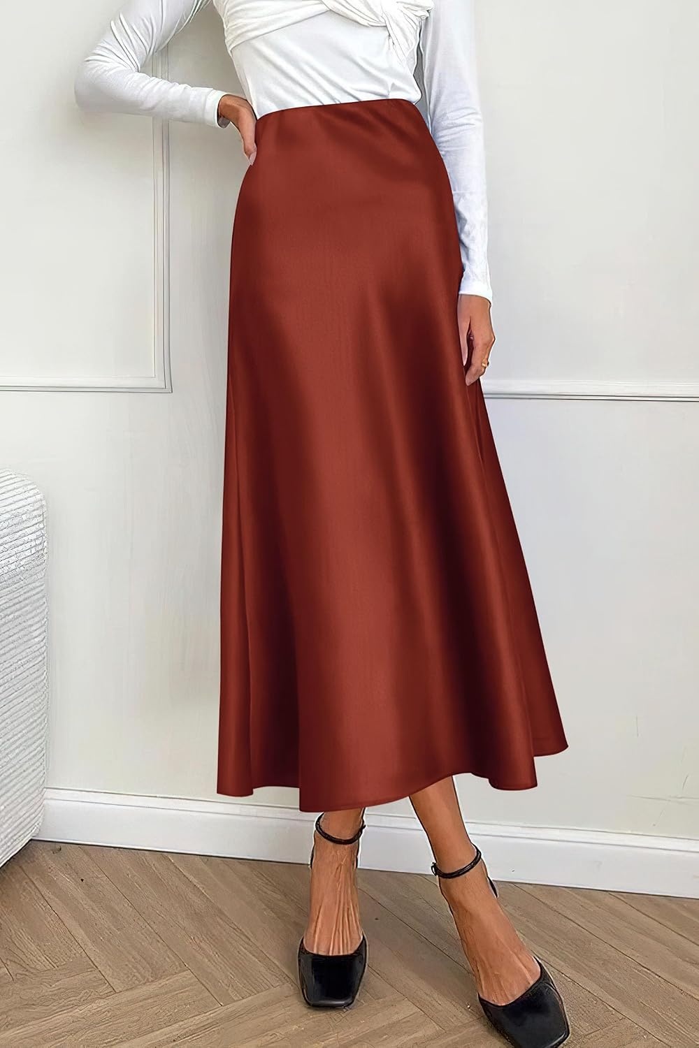 image:imagePRETTYGARDEN Womens Satin Midi Skirts Dressy CasualBrown