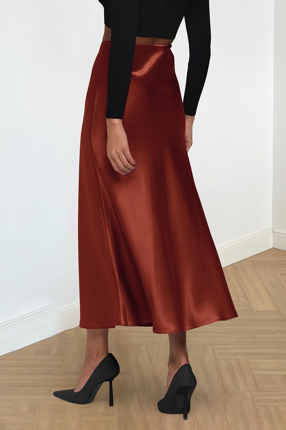 image:imagePRETTYGARDEN Womens Satin Midi Skirts Dressy CasualBrown