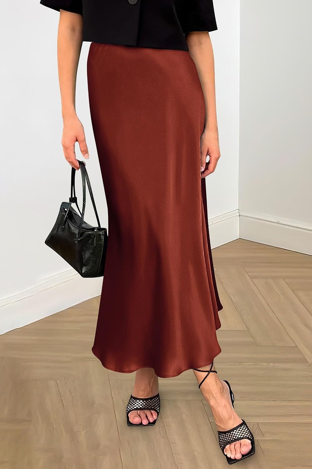 image:imagePRETTYGARDEN Womens Satin Midi Skirts Dressy CasualBrown