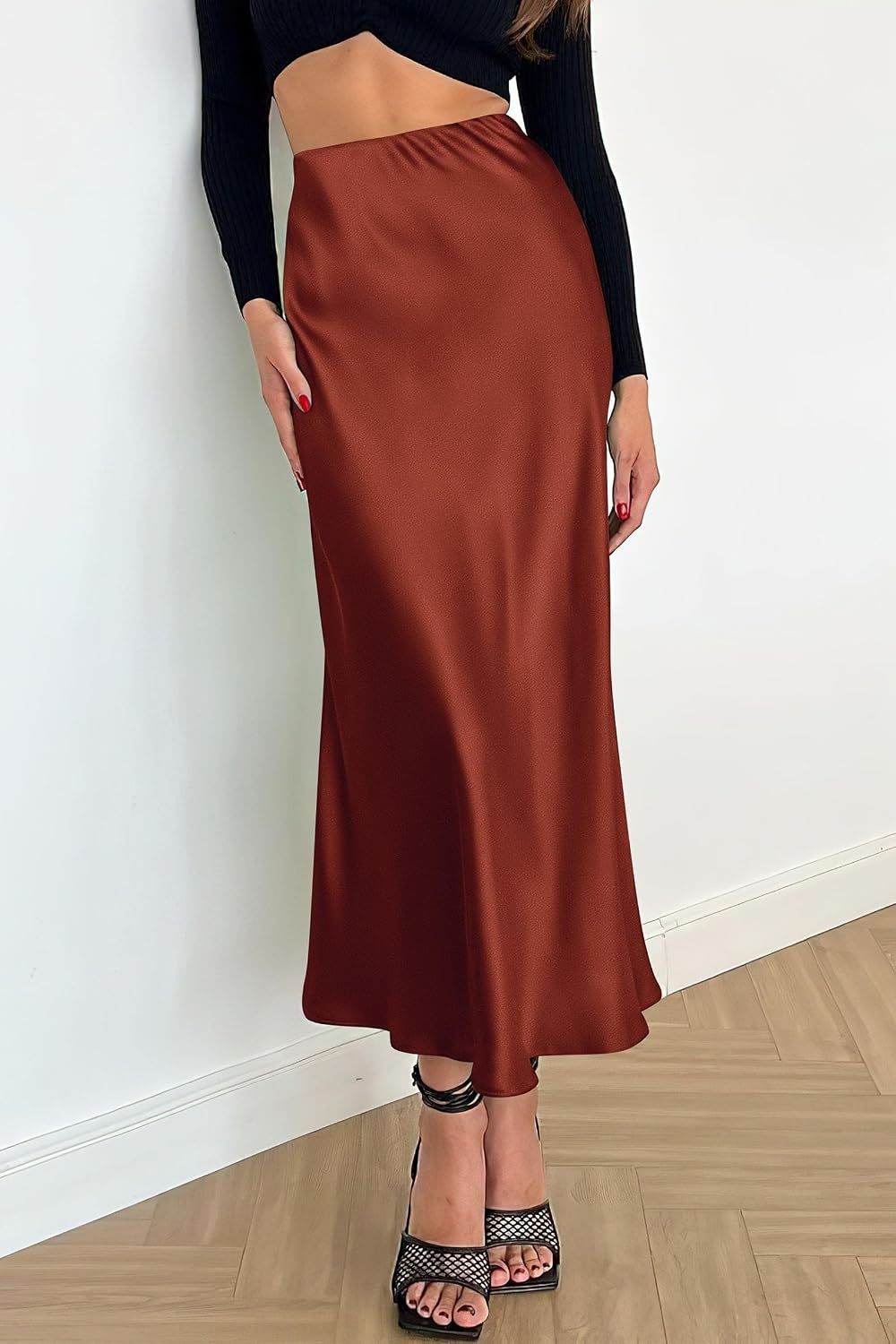 image:imagePRETTYGARDEN Womens Satin Midi Skirts Dressy CasualBrown