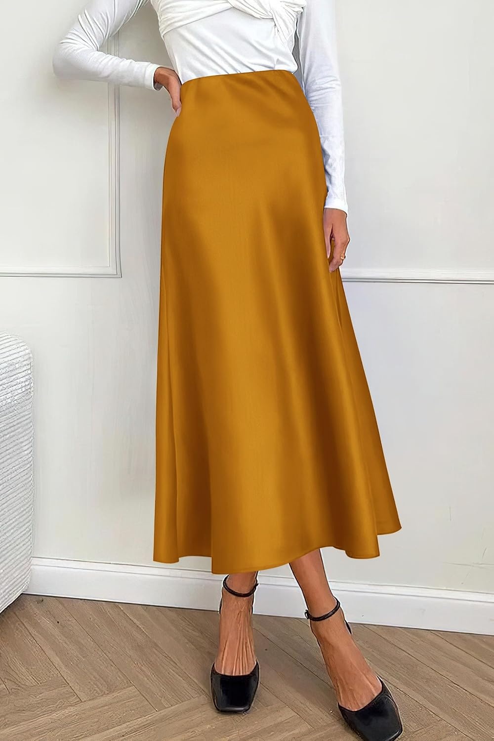image:imagePRETTYGARDEN Womens Satin Midi Skirts Dressy CasualBrown Yellow
