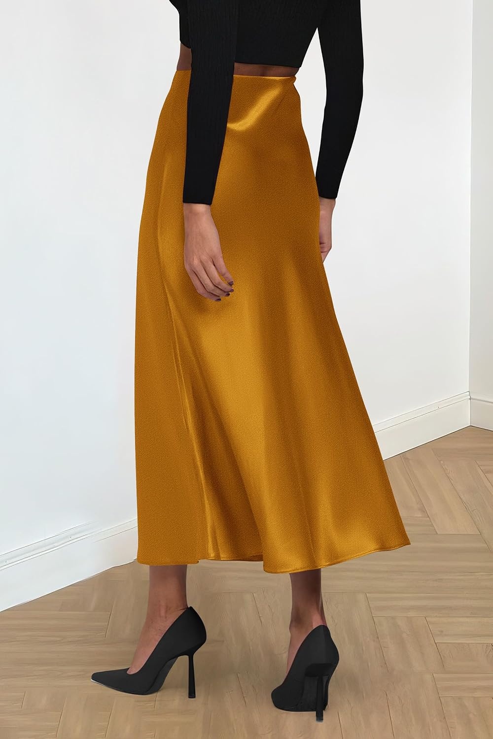 image:imagePRETTYGARDEN Womens Satin Midi Skirts Dressy CasualBrown Yellow