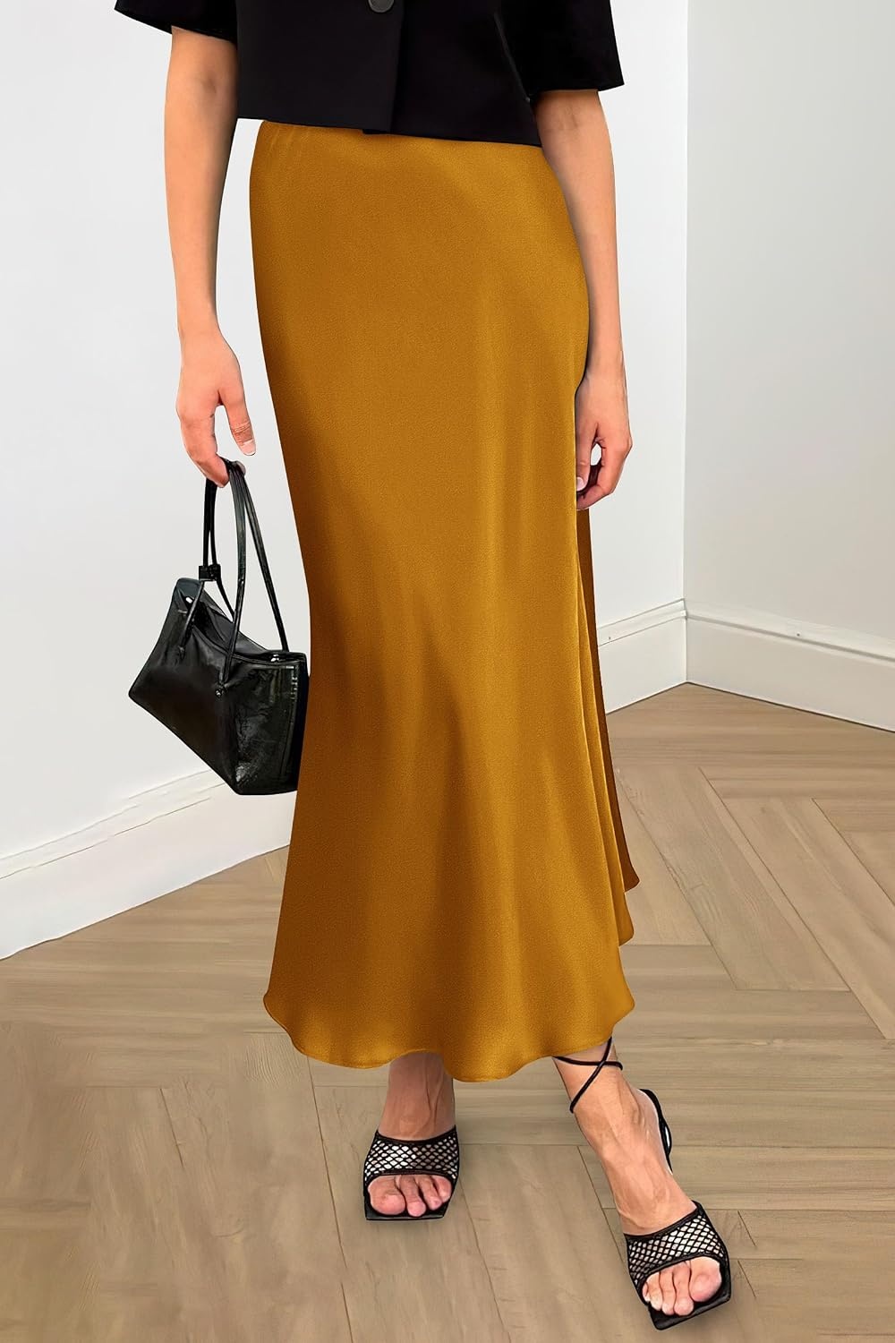 image:imagePRETTYGARDEN Womens Satin Midi Skirts Dressy CasualBrown Yellow