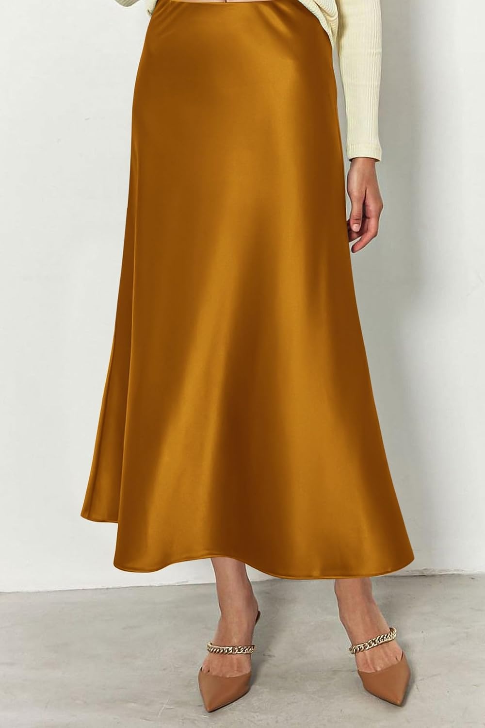 image:imagePRETTYGARDEN Womens Satin Midi Skirts Dressy CasualBrown Yellow