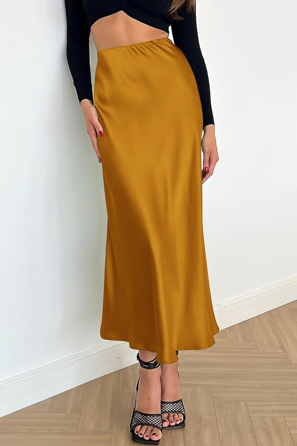image:imagePRETTYGARDEN Womens Satin Midi Skirts Dressy CasualBrown Yellow
