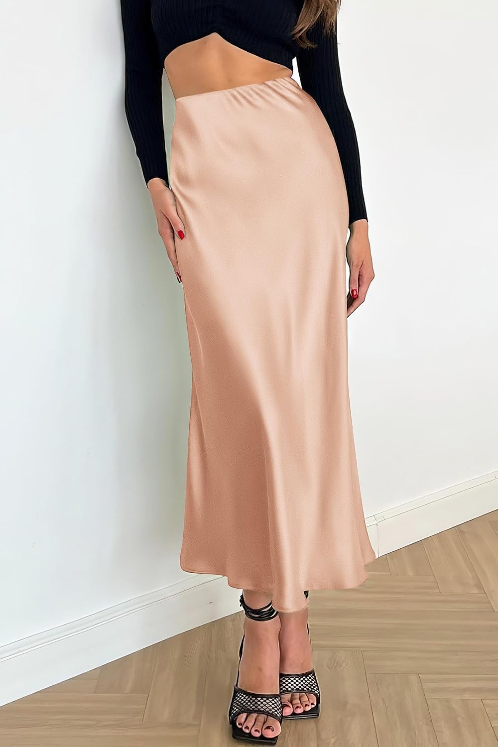 image:imagePRETTYGARDEN Womens Satin Midi Skirts Dressy CasualChampagne