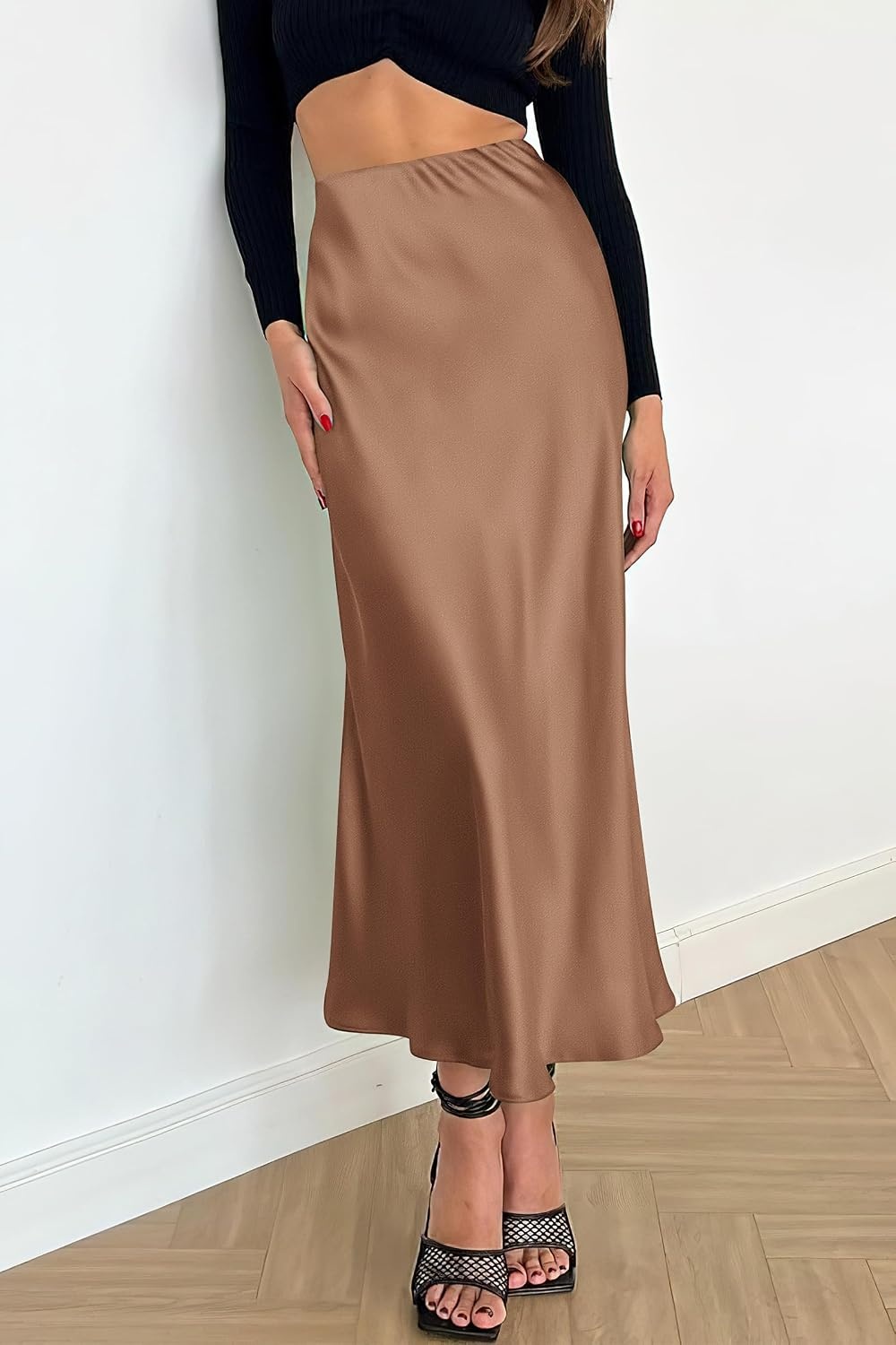 image:imagePRETTYGARDEN Womens Satin Midi Skirts Dressy CasualCoffee