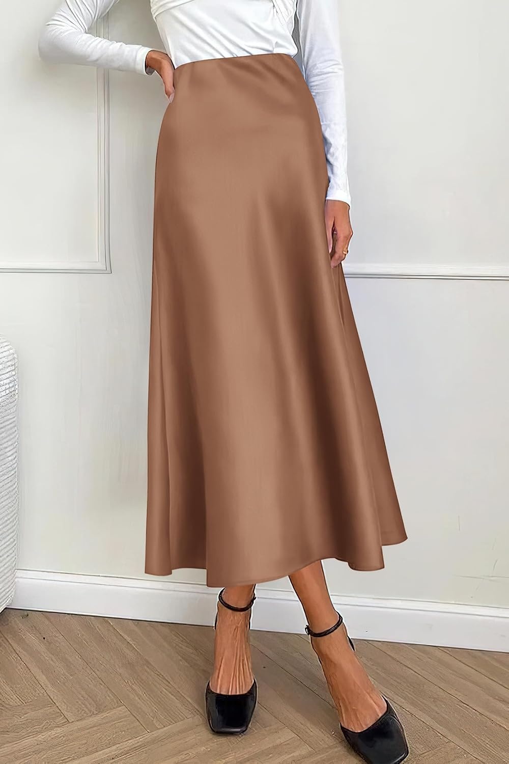 image:imagePRETTYGARDEN Womens Satin Midi Skirts Dressy CasualCoffee