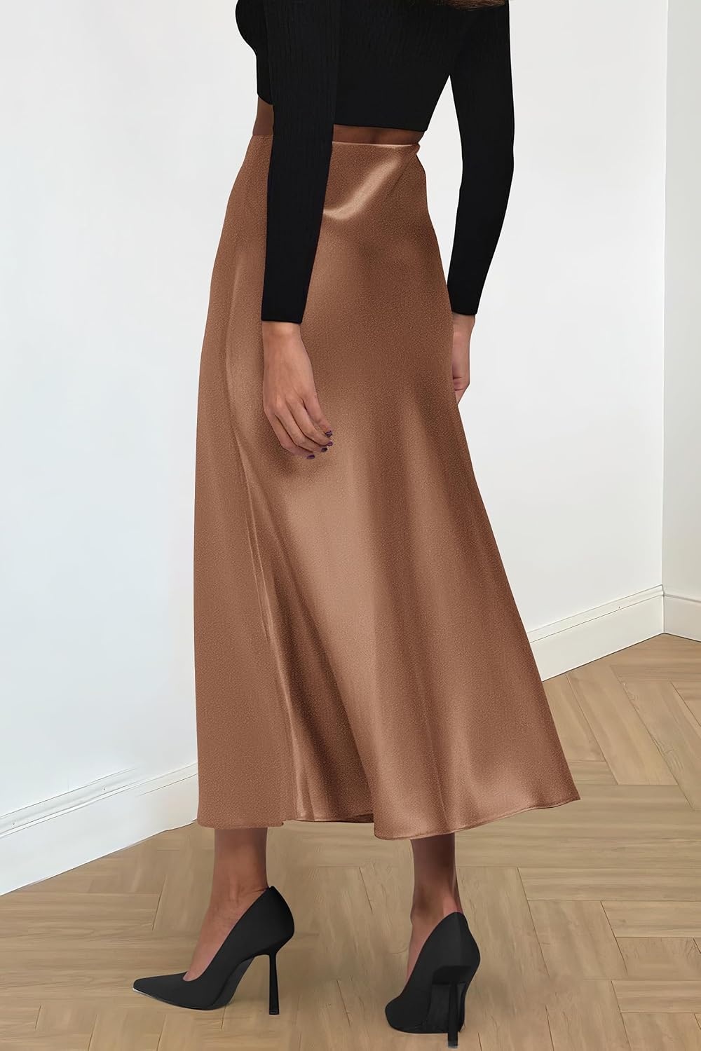 image:imagePRETTYGARDEN Womens Satin Midi Skirts Dressy CasualCoffee