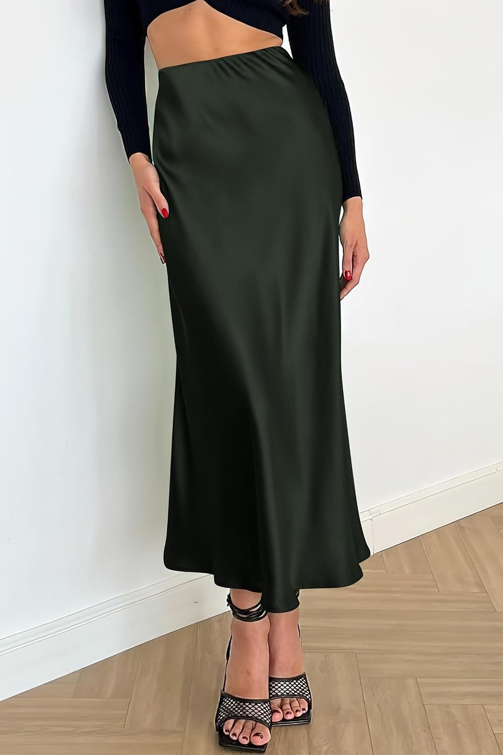 image:imagePRETTYGARDEN Womens Satin Midi Skirts Dressy CasualDark Army Green