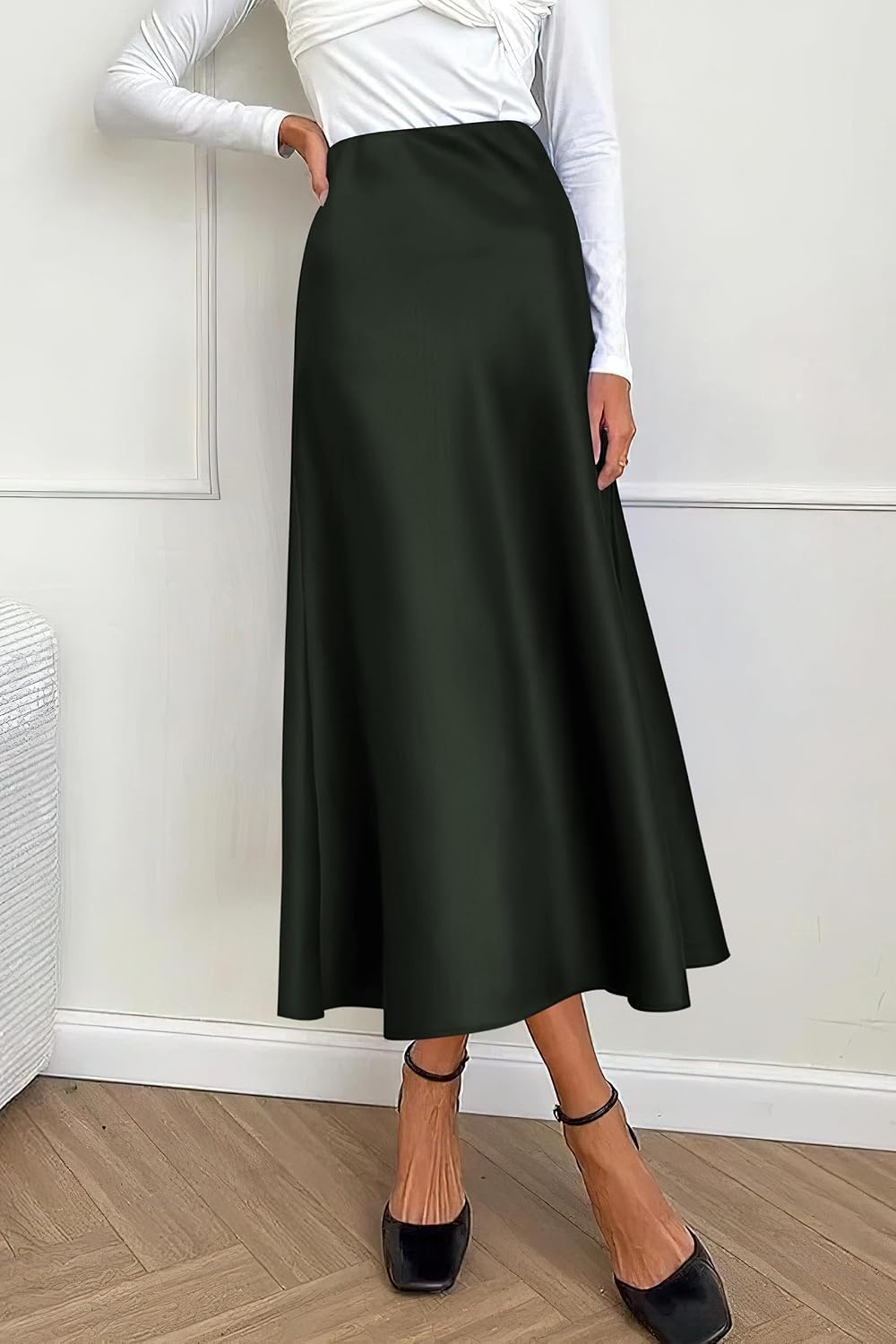 image:imagePRETTYGARDEN Womens Satin Midi Skirts Dressy CasualDark Army Green