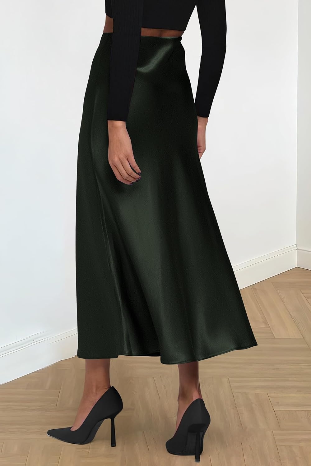 image:imagePRETTYGARDEN Womens Satin Midi Skirts Dressy CasualDark Army Green