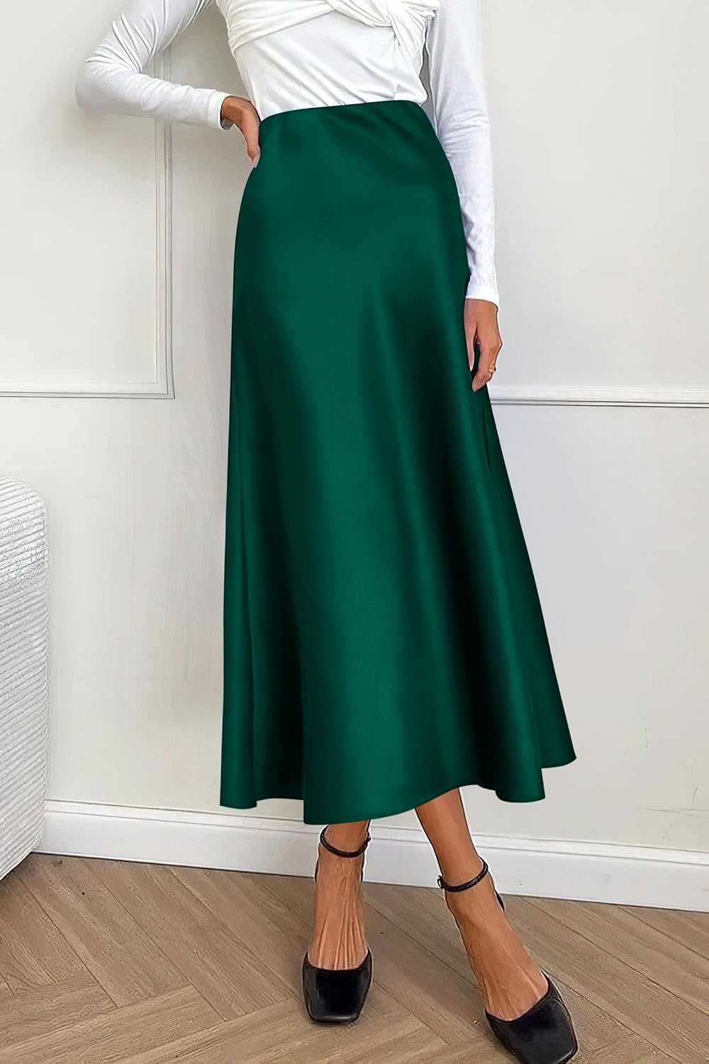 image:imagePRETTYGARDEN Womens Satin Midi Skirts Dressy CasualDark Green