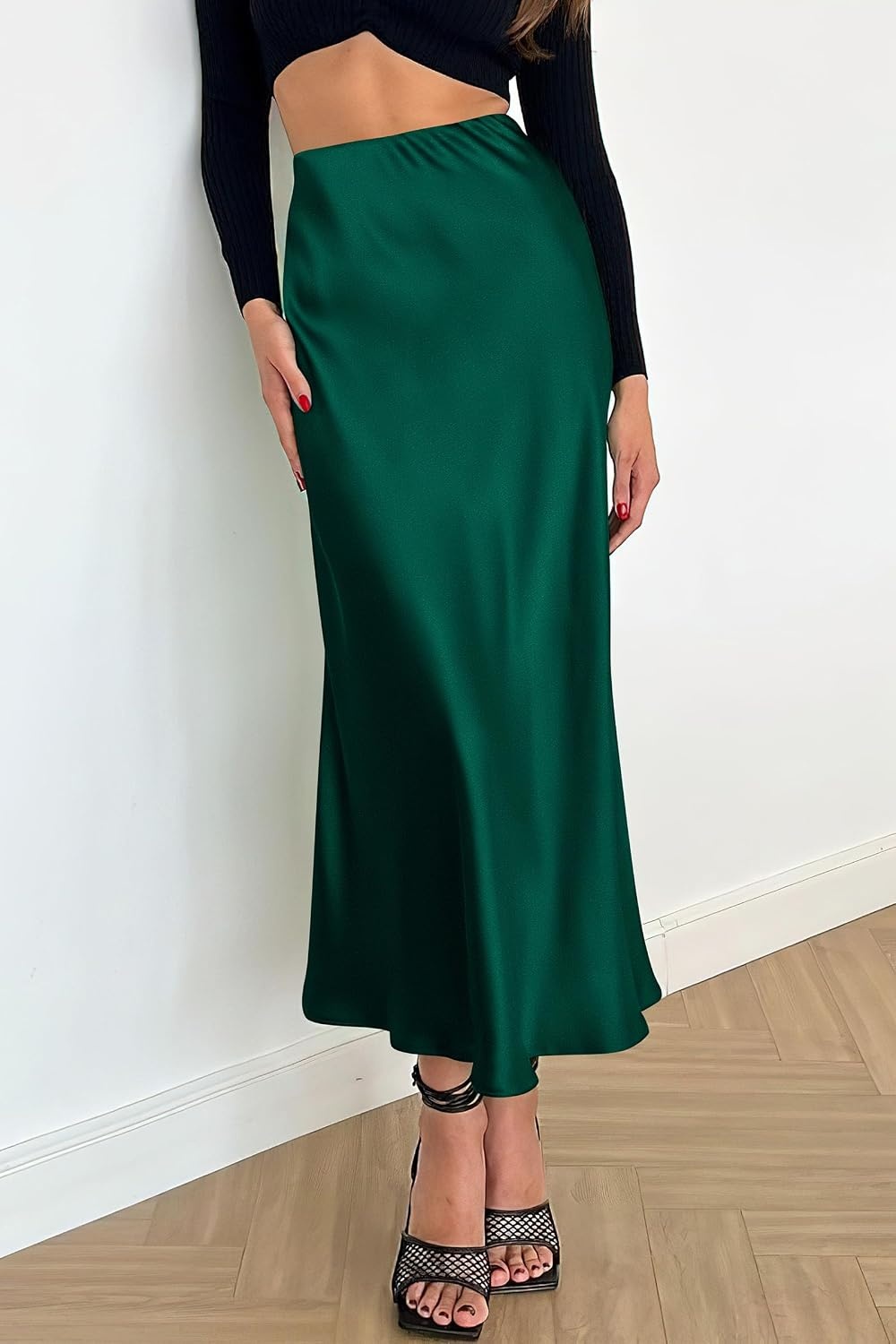 image:imagePRETTYGARDEN Womens Satin Midi Skirts Dressy CasualDark Green