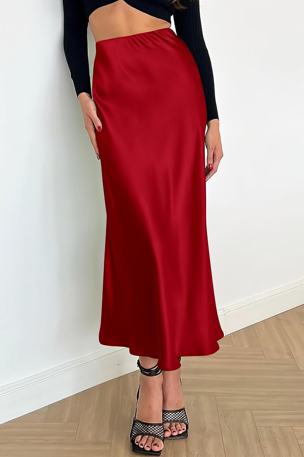 image:imagePRETTYGARDEN Womens Satin Midi Skirts Dressy CasualDark Red